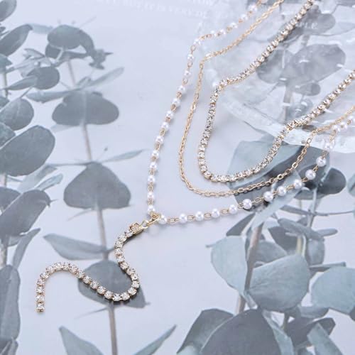Vintage Layered Pearl Rhinestone Lariat Necklace Long Rhinestone Y Drop Necklace Gold Pearl Chain Necklace Sparkly Cz Tennis Necklace Jewelry for Women