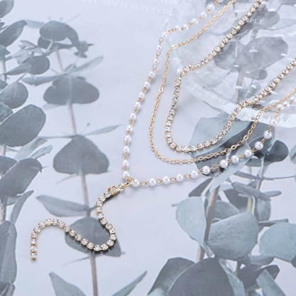 Vintage Layered Pearl Rhinestone Lariat Necklace Long Rhinestone Y Drop Necklace Gold Pearl Chain Necklace Sparkly Cz Tennis Necklace Jewelry for Women