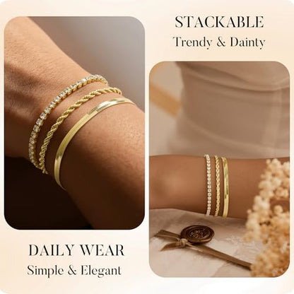 Turandoss Gold Bracelets for Women - Dainty 14K Gold Plated Tennis Bracelet | Stackable Cross Beaded Set, Twisted Rope Chain, Snake Paperclip Chain, Knot Cuff Bracelets for Women, Jewelry Gifts - color: Snake Tennis Set