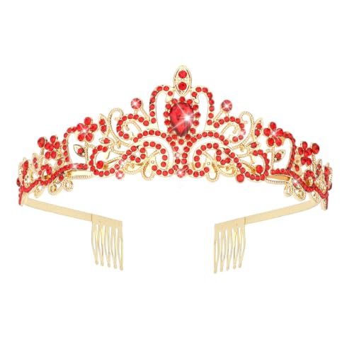 Gold Red Princess Crown Rhinestone Tiara for Bridal Pageant Crown with Hair Combs - color: Red
