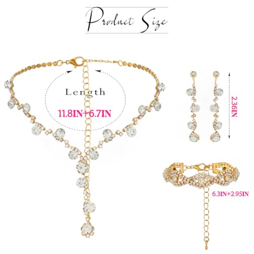 Sixexey Rhinestone Jewelry Set Bridal Necklaces Clip On Earrings Set Wedding Prom Jewelry Accessories for Women - color: Gold