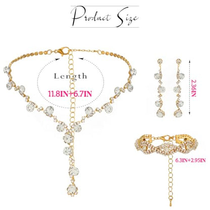 Sixexey Rhinestone Jewelry Set Bridal Necklaces Clip On Earrings Set Wedding Prom Jewelry Accessories for Women - color: Gold