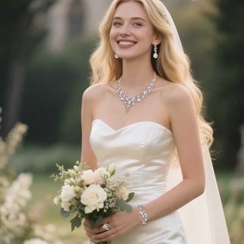 Wedding Bridal Jewelry Set for Women Bride Bridesmaids | Gorgeous Austrian Crystal Teardrop Cluster Statement Necklace Dangle Earrings Link Bracelet Set Prom Jewellery - color: 4Pcs-Clear Rhodium-Tone