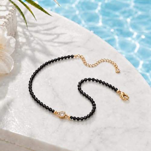 Raicegs Anklets for Women Handmade Beach Boho Ankle Bracelet 3mm Natural Stone Beaded Ankle Bracelet 14K Gold Plated Zircon Pendant Adjustable Crystal Gemstone Anklet Jewelry Gift for Her - color: Obsidian