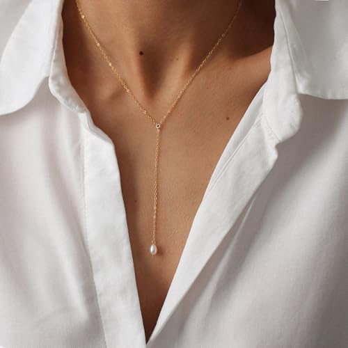 Lariat Gold Necklace for Women Dainty Long 14K Gold Plated Y-Shaped Body Chain Choker Necklace Trendy Non Tarnish Pendant Simple Layered Necklaces Gold Jewelry for Women Set Gift - color: Single Pearl