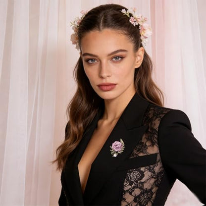 Handmade Elegant Red Rose Flower Brooch Pin for Women Crystal Pearl Fabric Flower Lapel Pin Dress Suit Accessories - color: Purple A