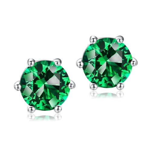 DAYBYDAY 925 Sterling Silver Birthstone Earrings for Women, Crystal Stud Earrings, 6.5mm Round Cut Solitaire Gemstone Earrings Birthday Jewelry - style: Round Cut-05. May/created emerald