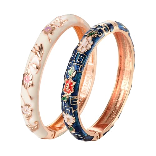 UJOY Cloisonne Bracelet Butterfly Hinge Indian Cuff Bangle Enameled Jewelry Flower Bracelets for Women Gift Box 55A114 - color: A114-2 Pcs Set-White and Blue