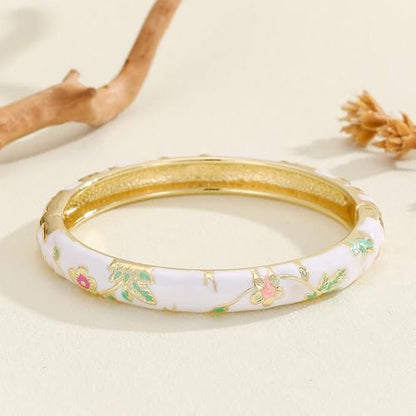 Cloisonne Bracelet For Women, Chunky Bangle Trendy Cute Flower Enamel Bangles Multi Tone Engraved Cuff Gold Plated Bracelets Stackable Wife Jewelry Friendship Gift - color: Pink