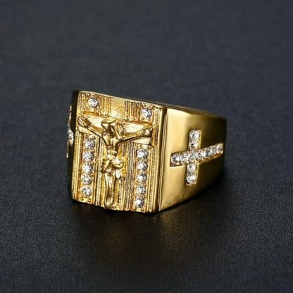 Christian Couple Signet Rings Set: Square Jesus (Men) & Oval Virgin Mary (Women), Stainless Steel Gold Plated with Side CZ Cross, Rhinestone Religious Rings - color: Jesus