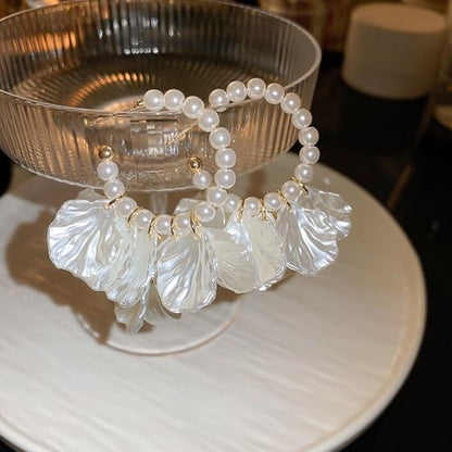 Seashell Pearl Stud Earrings for Women Ocean Sea Theme Sweet Double Layer Acrylic Shell Lightweight Dangle Drop Earrings for Summer Beach Holiday Halloween Party Jewelry Accessories - color: Pearl open hoops