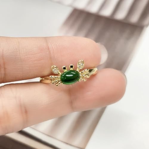 Dtja Crystal Crab Statement Ring for Women Gold Plated Expandable Cute Marine Animal Adjustable Open Wrap Finger Ring Elegant Birthday Holiday Party Jewelry - color: Green