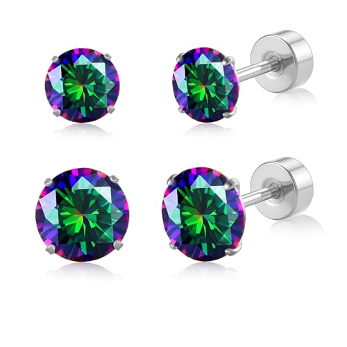 20G G23 Implant Grade Titanium Flat Back Stud Earrings for Women Men, Gold/White Gold Plated Tragus Labret Cartilage Helix F136 Piercing Jewelry for Sensitive Ears, with 4-6mm Cubic Zirconia - color: 2Pairs-20G-Silver-Rainbow Quartz-Stud Earring Sets