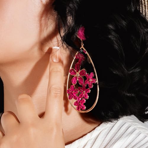 Boho Raffia Flower Teardrop Earrings Cute Colorful Dangle Trendy Jewelry | Floral Drop Statement Big Dangling Earring Hypoallergenic Gold Fun Unique Summer Spring Beach Vacation Outfits for Women - color: Hot Pink