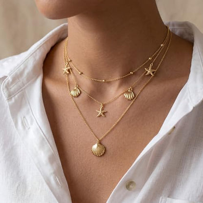 WomenGifts Layered Gold Necklaces for Women, 14K Gold Sterling Silver Plated Dainty Pendant Necklace Set Non Tarnish, Chunky Stackable Cuban Chain Choker, Trendy Birthstone Vacation Jewelry Gift - color: Gold, style: Starfish
