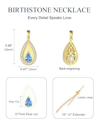 Birthstone Pendant Necklaces for Women 925 Sterling Silver Teardrop Pendant Necklace Birthday Jewelry Gift, 18"+2" Inches - color: 03 - Aquamarine
