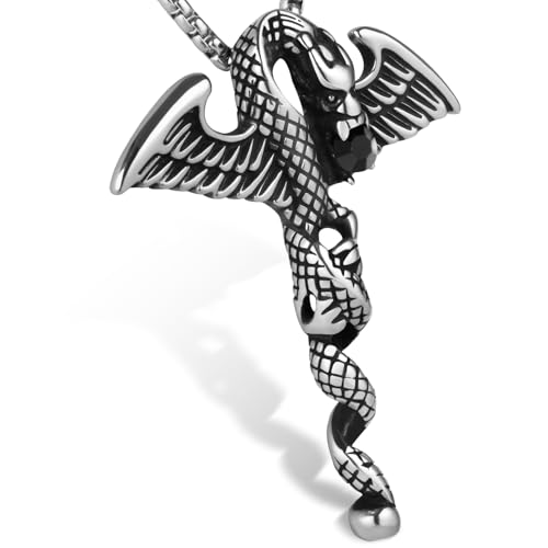 Stainless Steel Gothic Y2K Punk Rock Emo Biker Pendant Necklace | Cosplay Vintage Viking Alt Edgy Fashion Charm Necklace Jewelry for Men Women Active Daily Wear - style: Black Stone Winged Dragon