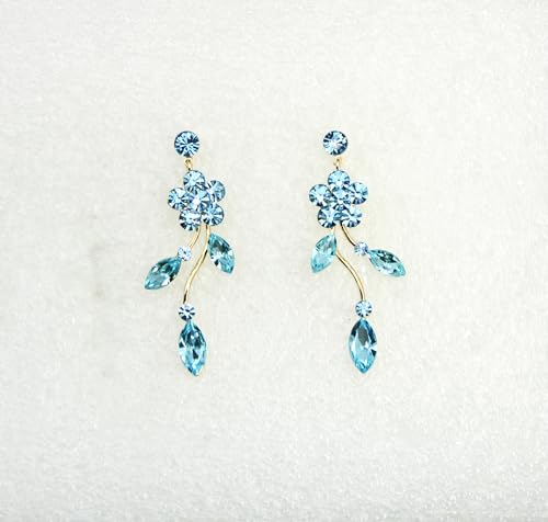 Faship Gorgeous Rhinestone Crystal Floral Necklace Earrings Set - color: Aqua / Gold plated