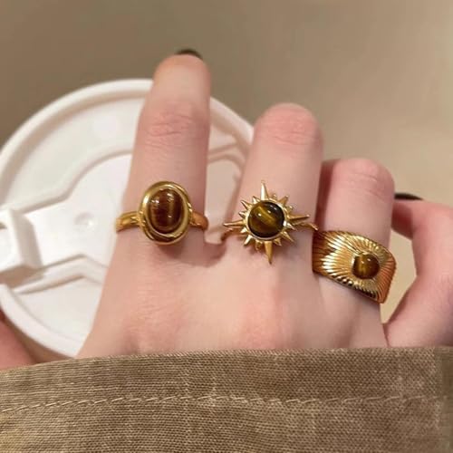 3Pcs Vintage Gold Tiger Eye Stone Knuckle Rings for Women,Stacked Bohemian Sun Statement Index Finger Rings,Personalized Trendy Jewelry Accessories Gifts