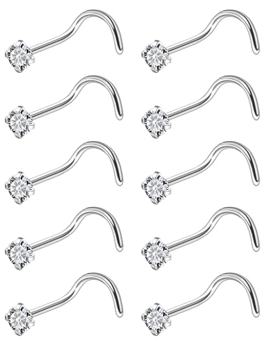 ASTM F136 Titanium Nose Rings 18G 20G 22G Clear Cubic Zirconia Nose Studs Ring Screw L-Shaped Bone Hypoallergenic Body Piercing Jewelry for Women 1.5mm 2mm 2.5mm 3mm 10PCS - style: Screw:20G(0.8mm)-2.5mm CZ