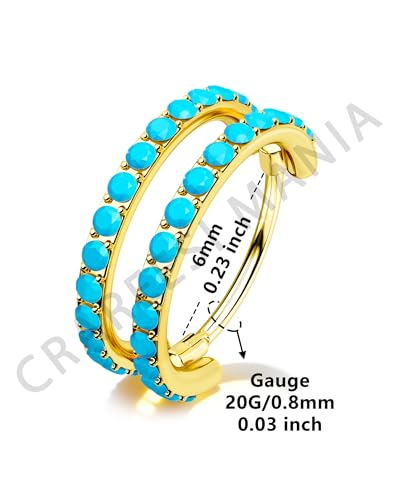 Nose Ring Hoop, 316L Stainless Steel Double Nose Rings, 20G Nose Piercing Jewelry for Women, Clear CZ Helix Cartilage Septum Nose Hoops - color: Turquoise-Gold-6mm