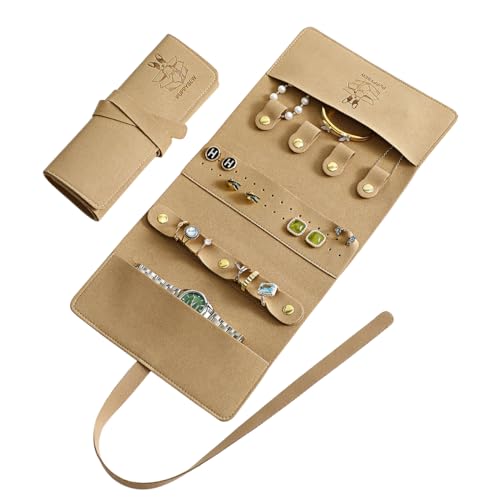 Microfiber Travel Jewelry Storage Roll Jewelry Storage Bag Jewelry Roll Suitable for daily and travel use, large capacity, light and easy to carry (Khaki)