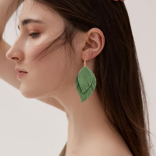 Handmade Bohemian Large Soft Genuine Leather Fringe Double Feather Dangle Drop Earrings Lightweight Simple Color PU Leaf Hook Earrings for Women - color: Dark Green
