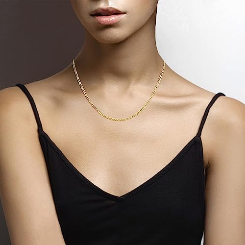 Miabella Italian 925 Sterling Silver 3mm Figaro Chain Women Men Necklace | 18K Gold Plated Option, Diamond-Cut Link Chain, Fine Jewelry Made in Italy - size: Length 20 Inches, style: yellow-gold-plated-silver