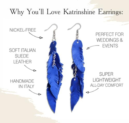Leather Feather Earrings, Suede layered earrings, boho wedding jewelry, summer earrings, gift for her, dangle earrings - color: bright blue