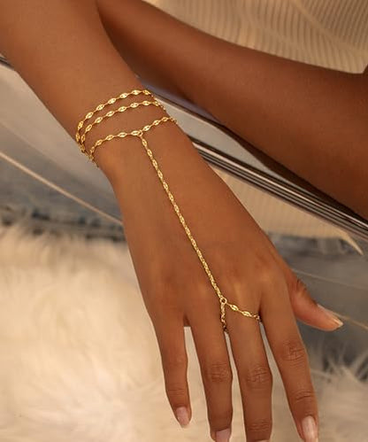 CHESKY 14K Gold Plated Hand Chain Bracelets for Women Stack Jewelry | Dainty Finger Ring Bracelet, Adjustable Hand Chains, Waterproof Beaded Gold Bracelets, Daily Body Jewelry Gift for Women - color: gold-lipsbracelet