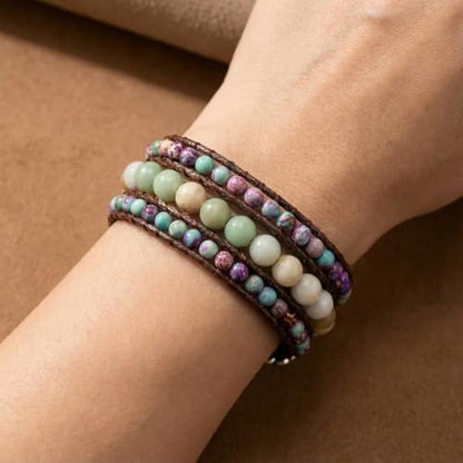 YGLINE Boho Handmade Natural Stone Bead 3 Row Wide Wrap Wrist Statment Bracelet Jewelry Collection - color: regalite ＆amazonite