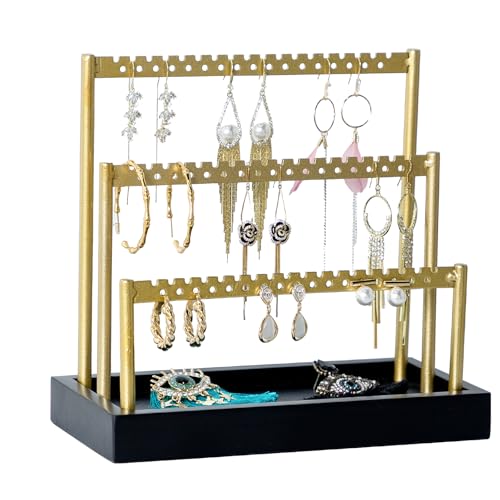 SANY DAYO HOME 3-Tier Earring Holder Organizer Stand, 105 Holes Gold Metal Earring Rack Jewelry Display Tree with Black Wood Tray for Women and Girls - color: Gold Rack Black Base