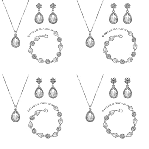 Bridesmaid Jewelry Set for Women,Pendant 18K Gold & Silver & Rose Gold Pendant Necklace Earrings Bracelet Set,Dainty Gift for Wedding/Proposal/Party/Anniversary - color: SILVER - 4 SETS