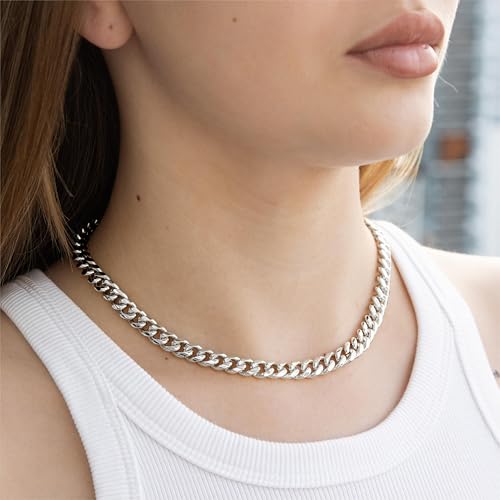 WomenGifts Cuban Link Chain Necklace for Women, Waterproof 14k Gold Silver Plated Chain Choker, Non Tarnish Stainless Steel Jewelry, 3.5/5/6/8/11mm,14/16/18 Inch Thin&Chunky&Thick - color: Silver, style: 5MM-14"