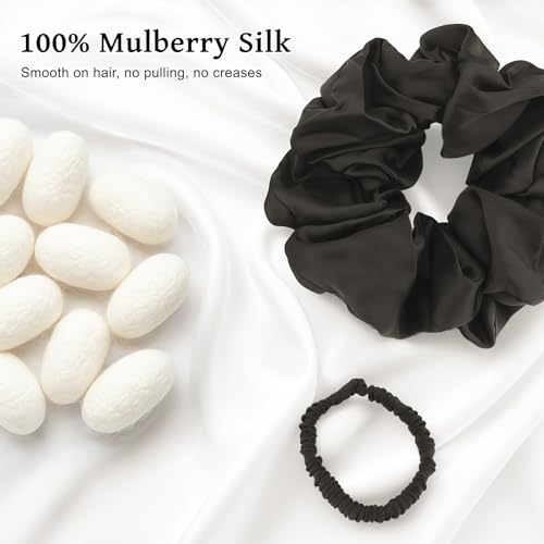 6PCS 100% Mulberry Silk Scrunchies Set, 2 Large and 4 Thin Silk Hair Ties for Women, No Damage Hair Accessories, Black Pink Champagne - color: Color 01