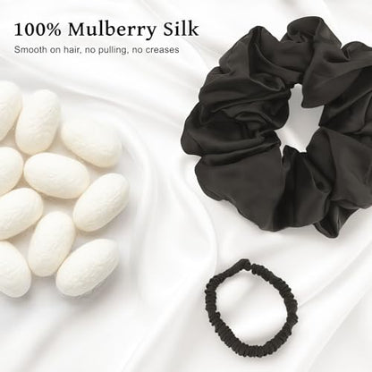 6PCS 100% Mulberry Silk Scrunchies Set, 2 Large and 4 Thin Silk Hair Ties for Women, No Damage Hair Accessories, Black Pink Champagne - color: Color 01