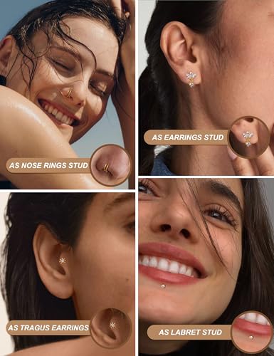 LOLIAS 18K Gold Plated Threadless Flat Back Earrings Studs Hypoallergenic | 316L Surgical Steel Push in Nose Rings Studs 20G CZ Tragus Cartilage Helix Conch Lip Labret Medusa Nostril Piercing Jewelry - color: 18K Gold Plated, size: 18G(1.0mm)-Star&CZ&Ball