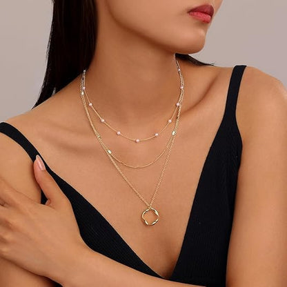 Evabelle Gold Layered Necklace for Women Trendy Jewelry 14K Real Gold Plated Chunky Chain Stackable Necklaces Dainty Choker Necklaces Rectangle Square Pendant - color: Gold Necklace 33