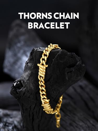 Bandmax Barbed Wire Chain Bracelets for Men Women Stainless Steel/Black/Gold Thorn Cuban Link Bracelet Adjustable Punk Emo Style Jewelry Gift - color: 09 7MM-Gold Plated