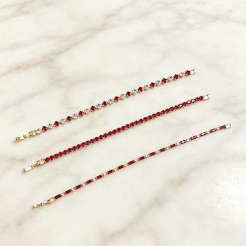 3Pcs Women Stackable 14K Gold Plated Tennis Bracelet with Colorful CZ | Dainty Classic Everyday Jewelry 14K Gold Plated Colorful Cubic Zirconia Tennis Bracelet Created Diamond for Wedding 7 inches - color: gold red