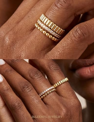 3Pcs Stackable Gold Rings Set for Women Cubic Zirconic Ribbed Bead Jewelry | 14K Gold & Silver Plated, Non Tarnish, Dainty Stacking Design, Trendy Gift - color: 14K Gold Plated