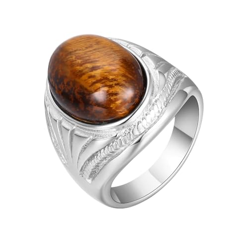 Silver Tiger Eye Stone Oval Signet Ring for Men and Women Stainless Steel Nature Stone Thumb Wedding Engagement Statement Pinky Band Rings Gift for Him, Size 7-13