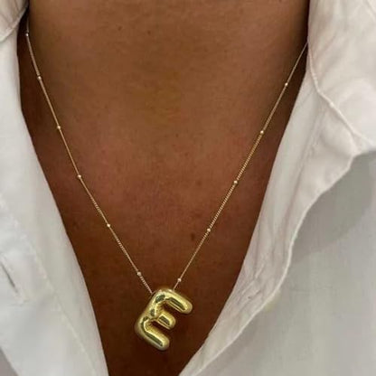Gold Bubble Initial Necklace for Women Balloon Letter Necklace 18K Gold Plated Dainty Alphabet Pendant Puffy Name Personal Necklace - color: E