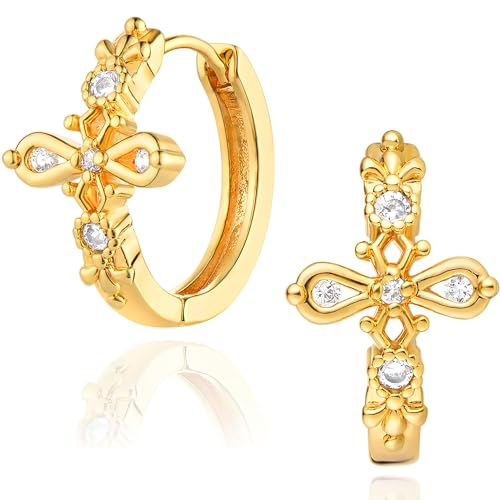 DREMMY STUDIOS Gold Dainty Huggie Hoop Earrings 18K Gold Plated Exquisite Open Tassel Dangle Charm Drop Sleeper Geometric Cross Coin Star Heart White CZ Simple Hypoallergenic Earrings for Women - color: CZ Cross-Hoop