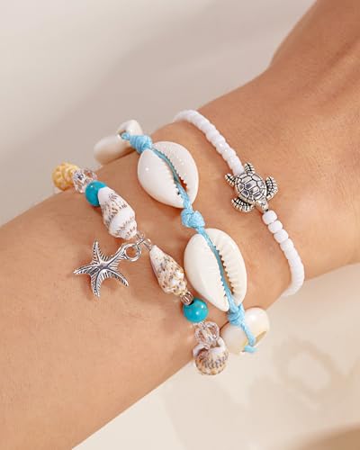 Shell Bracelets for Women Layered Seashell Starfish Bracelets Stackable Stretch Boho Beaded Bracelet Summer Beach Surfer Bracelet Seaside Beach Dress Outfits Accessories - color: A7:shell bracelets