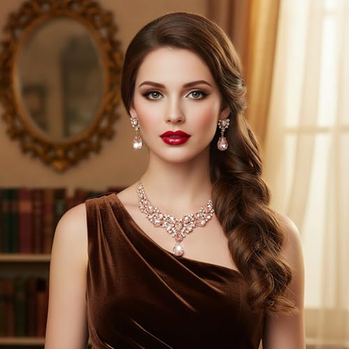 Hicarer Bridal Teardrop Cluster Crystal Jewelry Set for Women Necklace Earrings Wedding - color: Light Peach