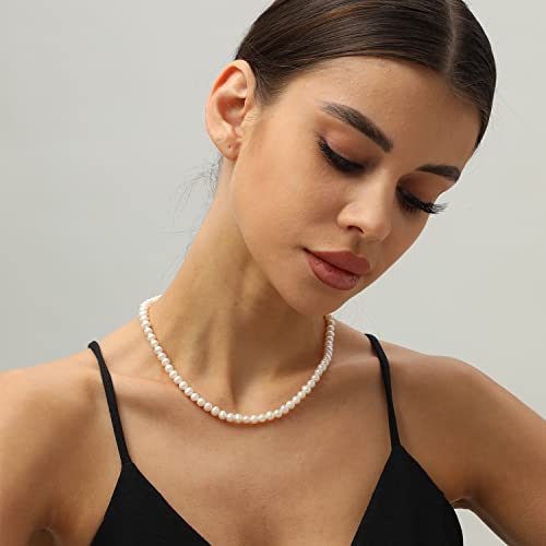 XYJZXY Pearl Necklace with Golden Charm, 18-Inch Adjustable Chain, 5-6mm White Pearls, Women Pearl Choker Necklace, Handmade Jewelry - style: pearl necklace