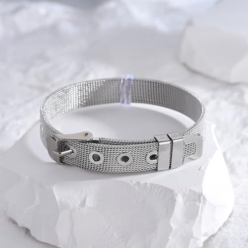 Stainless Steel Mesh Bracelet Wristband 8mm Wide Cuff Bangle Watch Band Style with Adjustable Buckle Mesh Link Chain for Slide Charms Jewelry Making 2 PCS - color: Silver