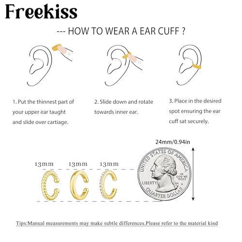 Freekiss 3-Piece Gold Ear Cuff Set for Women, Non-Piercing Clips | 14K gold-plated ear cuffs with smooth, twisted, and CZ styles for comfortable stacking without piercings
