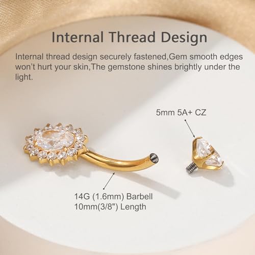 Gold Belly Button Ring, Titanium Dangle Floating Navel Piercing Jewelry - color: Gold-Oval-10mm